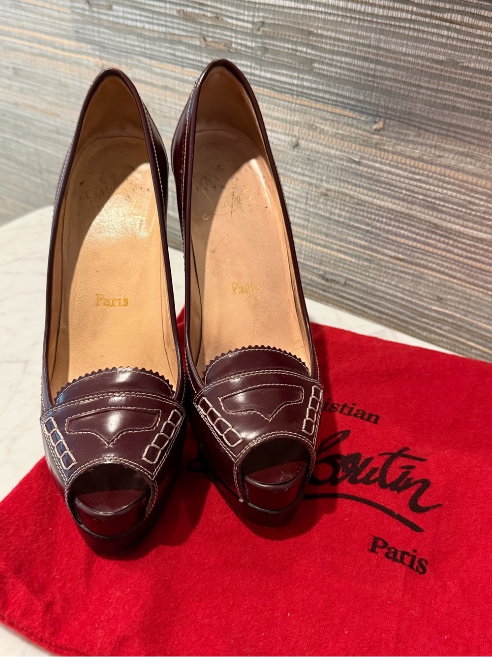 Authentic Christian Louboutin Burgundy Leather Peep-Toe Pumps w/ Contrast Stitch